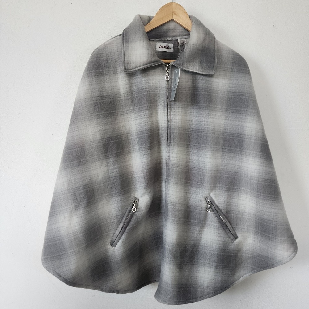 Le Moda Gray Plaid Poncho Lord Daniel Zip Up Cape Wrap One Size NWT 21-LM-DIT